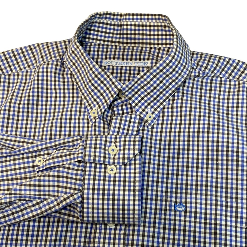 Southern Tide Mens Large Blue Brown Gingham Check Skipjack Button Down Shirt L
